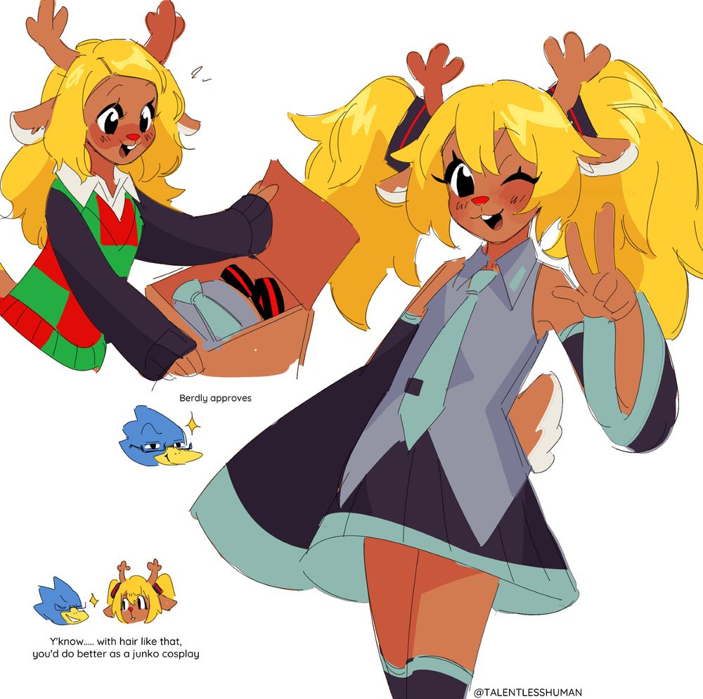 #fanart of #noelleholiday from #deltarune dressing up in a #hatsunemiku #miku #cosplay
#berdly is also there.

#talentlessart