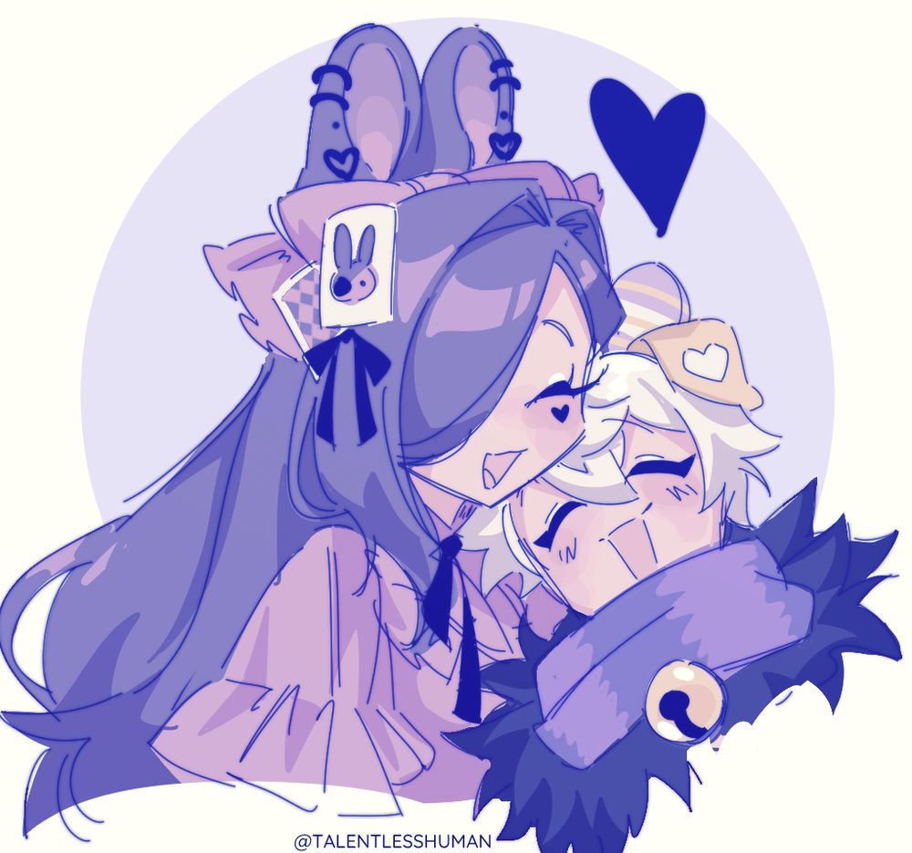 #drawing of two original characters snuggling. one character has dark hair, pale skin, and bunny ears. The other character has white hair, pale skin, and doggy ears. 

#talentlessart #sona #vtuber #vtubersona #selfinsert #tallery