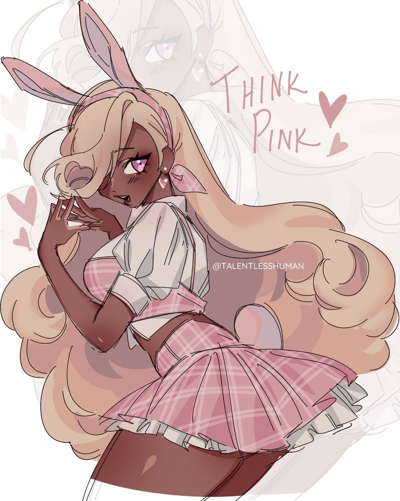 #fanart #drawing of an #oc that belongs to @maplekeurig.bsky.social . The OC has dark skin and light hair. In this drawing they are dressed in pink and is a #bunnygirl

#talentlessart