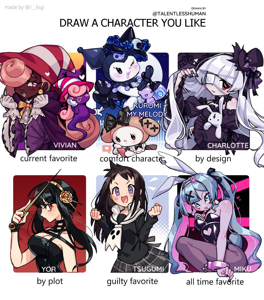 #illustration #drawing #fanart of 6 characters with the #drawingchallenge #drawingprompt "Draw a character you like" with
additional prompts. listed below
Current favorite: #vivian and her #humanization #gijinka from #TTYD #papermario #thousandyeardoor
comfort character: #kuromi and #mymelody from #Sanrio
by design: #charlotte from #PBC #PinkBitchClub by #Vivinos
by plot: #Yor #yorforger from #spyxfamily
guilty favorite: #tsugumi from #souleater #souleaternot
all time favorite: #miku #hatsunemiku in her #rabbithole outfit

#talentlessart 