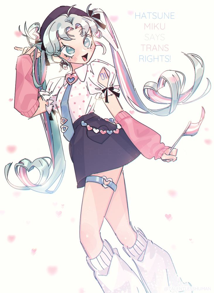 #fanart #illustration of #hatsunemiku #miku wearing a #lovecore outfit with colors of the trans flag

#talentlessart #vocaloid #lgbt #tramsrights #transrightsmiku