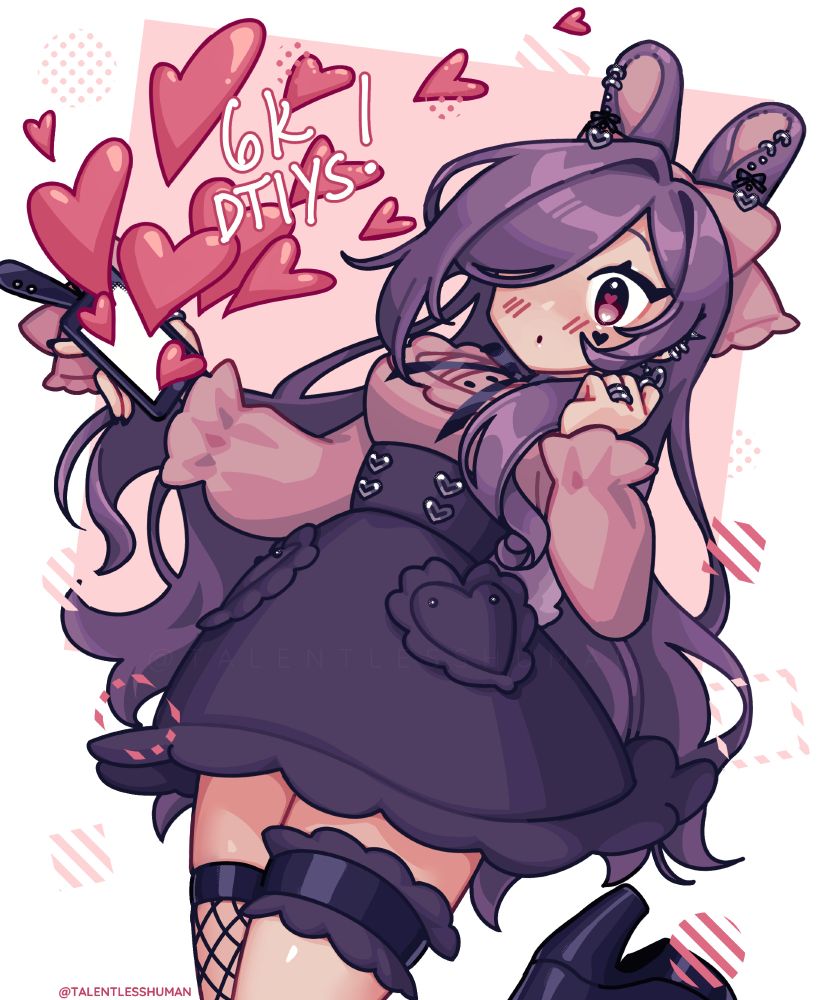 #illustration of my #OC #sona who is a girl with pale skin and dark hair. She additionally has rabbit ears and darkgirly fashion. This is a #DTIYS to celebrate reaching 6k on bsky.

#talentlessart #tallery