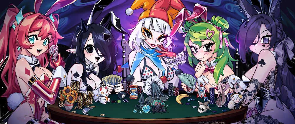 #illustration of four feminine #OCs #Sonas dressed in #playboy #bunnysuits along with a female version of #jimbo from #balatro designed by @megrocks.bsky.social . Each of the OCs are themed after the four card suits. The four OCs belong to @kaatokunart.bsky.social , @megrocks.com , @fizzeru.bsky.social , and myself.

#talentlessart #tallery #talOC #fanart #balatro 