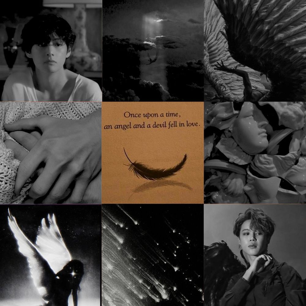 a 9 cell vmin moodboard. the center of the moodboard is a brown-hued picture of a book page that says "Once upon a time, an angel and a devil fell in love" with a single lone feather. 

the cells surrounding it are in black and white, and invoke a sense of forbidden love between taehyung and jimin.
