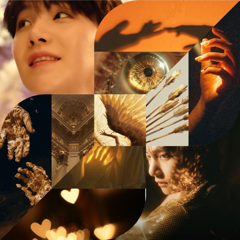 an 11 cell moodboard in a layout that looks like 2 leaves overlapping. there's a photo of yoongi from stay gold, a photo of taehyung from love me again, a photo of a hand catching a ray of sunlight, a photo of silhouettes of hands pulling away from each other, a photo of hands reaching for each other under water, a photo of golden architectural intricacies and designs, a photo of golden arrows, a photo of heart shaped lights blurred, a photo of an eye catching the sunlight, and a photo of an angel. 