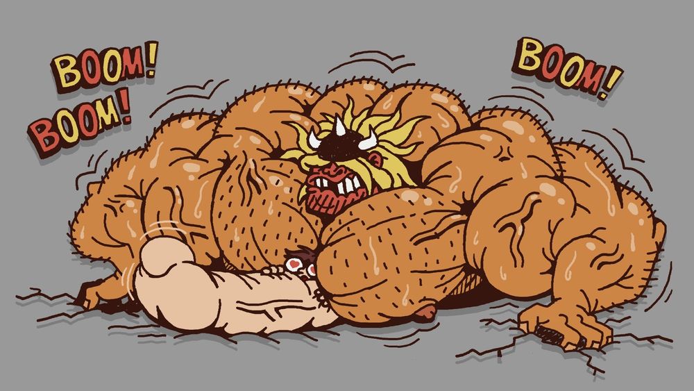 Illustration of Burkhard, an absurdly muscular fantasy barbarian, having intense sex with a much smaller man. Burk's face is beet red and his hair messy as he bites his lip in a concentrated snarling grimace. Sweat pours down his bulging muscles as his veins throb and and his hands begin cracking the ground from the force of his powerful humping. The smaller man can barely be seen, sandwiched between Burk's massive pecs and his own stomach, which has been stretched out cartoonishly far and tight by Burk's colossal erection. The small man's face peeks out in the middle, hearts in his eyes. The sound effects read "BOOM! BOOM! BOOM!"