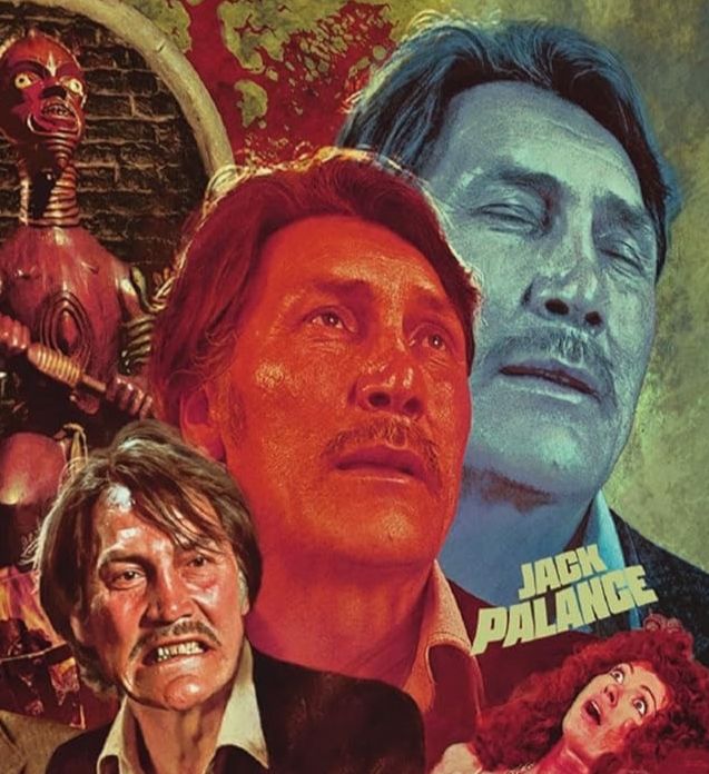 Closeup of a detail showing Jack Palance, with a red Jack Palance closeup with a blue close up Jack Palance behind it.