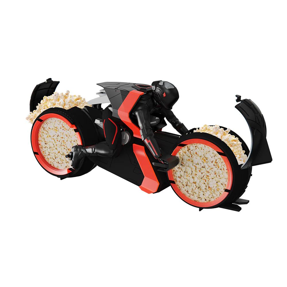 A Tron Ares Light Cycle popcorn container, with the two cycle wheels filled with popcorn.