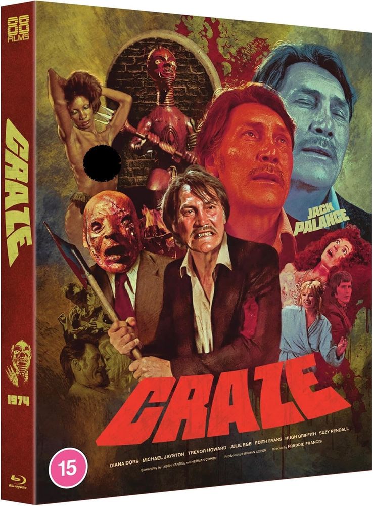 The painted blu ray cover of CRAZE with too much going on. Jack Palance has an axe and looks mad enough to use it.