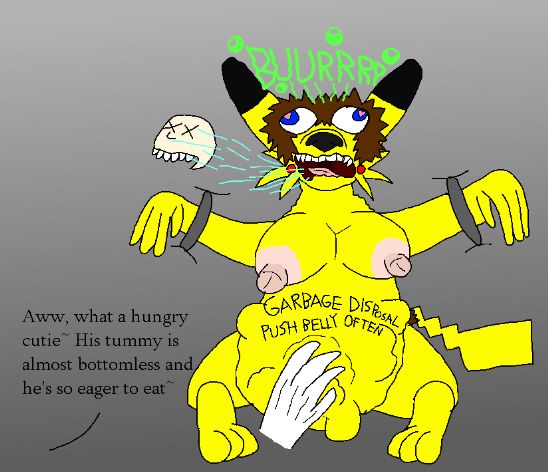 Ank is tied up and has someone feeding him other people. He's coughing up a skull while burping and his new owner rubs and pushes on his belly and telling him: "Aww, what a hungry cutie~ His tummy is almost bottomless and he's so eager to eat~"