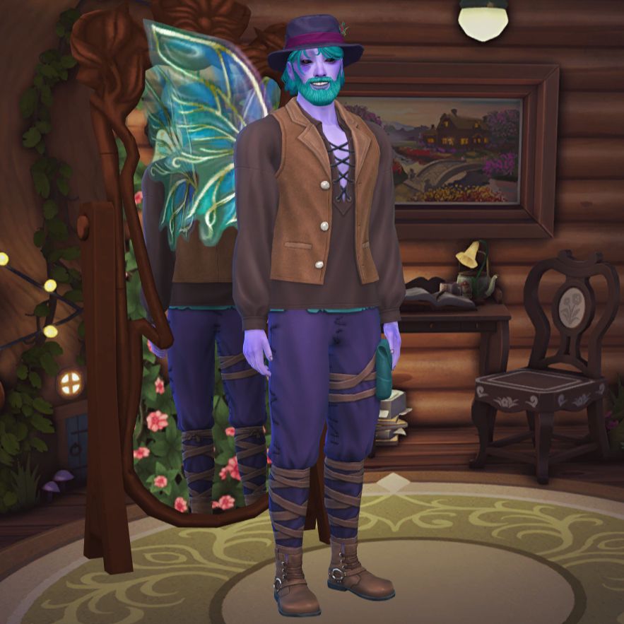 Zach on The Sims 4. He is smiling with his teeth, wears a hat, his skin is purple and both hair and beard aqua green. He has blue-ish green and yellow wings on his back.