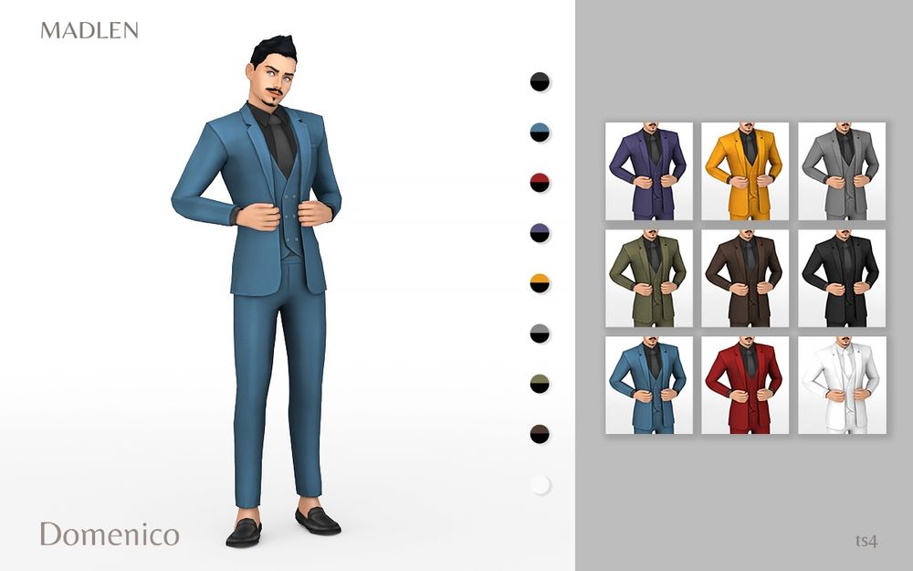 A masculine sim wearing a black and blue suit and next to him, there's a grid showing the nine swatches available for this suit