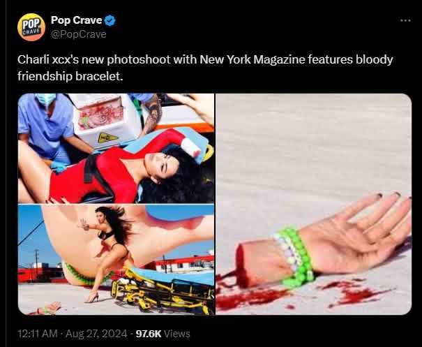 Charli xcx's new photoshoot with New York Magazine features bloody friendship bracelet