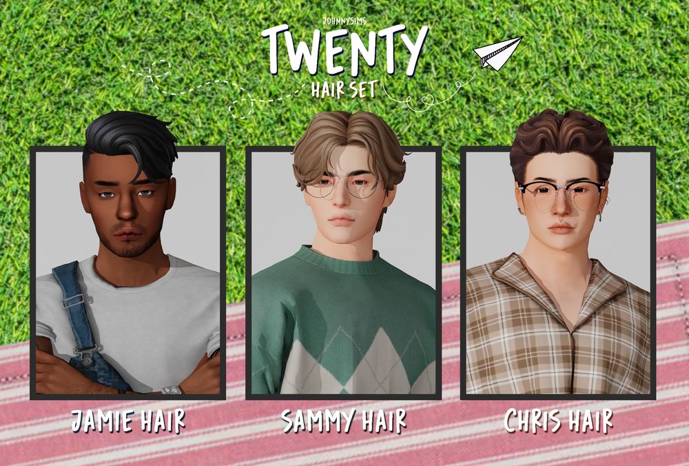 Three sims with a different hair from the set: Jamie hair, Sammy hair and Chris hair