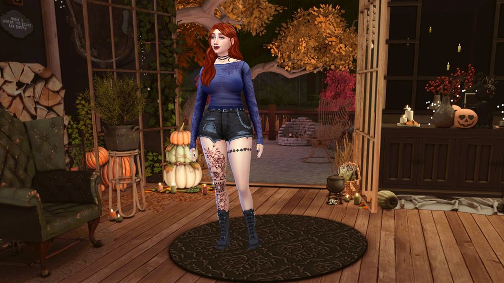 My sim Evelyn with a CAS (Create a sim) room that was all objects and trees on the outside that remind us of autumn and Halloween.