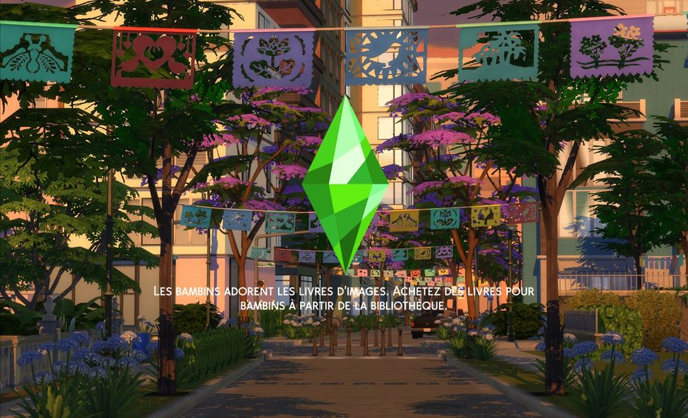 A loading screen of The Sims 4 with an image of Ciudad Enamorada, a world that came with the Lovestruck pack. There are words written in French because Yagatha is from France.