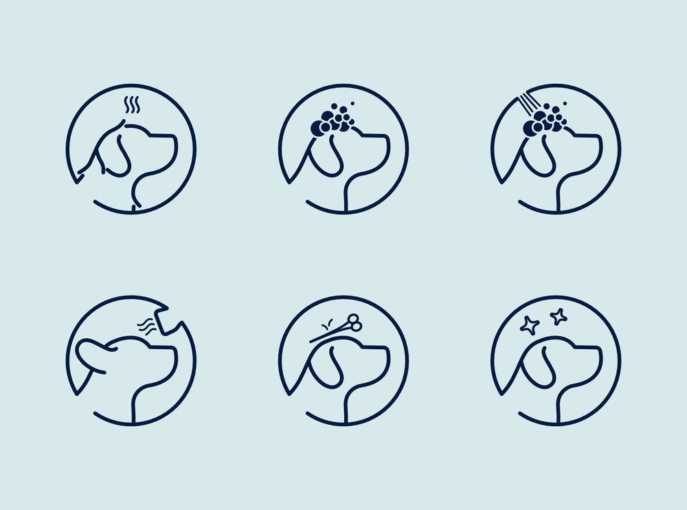 A set of icons for a dog groomers, showing some of the stages a dog goes through - starting off needing groom, then being washed, blow dried, trimmed and ending the process sparkling!