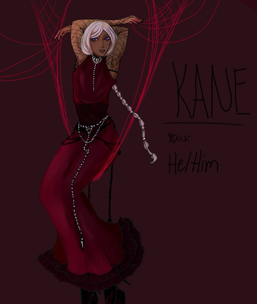 A tall figure where a red and black dress with silver chain and white hair