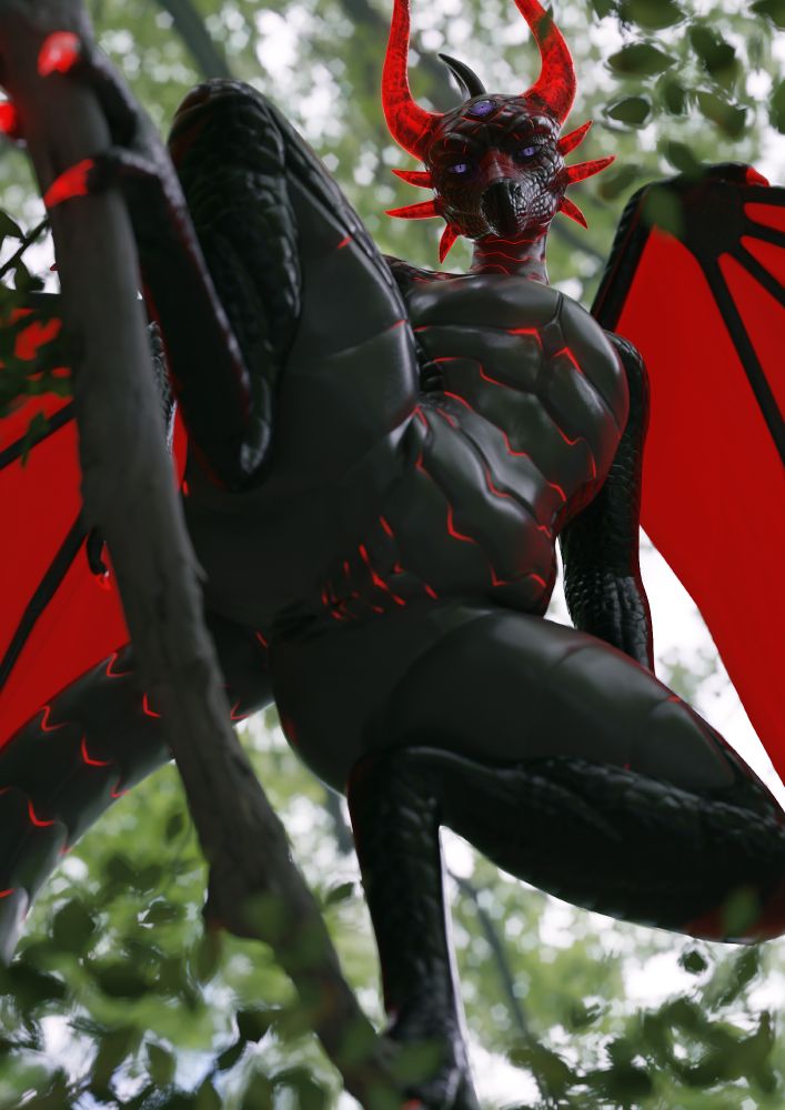 An anthropomorphic dragon looks down at the viewer through a canopy of trees.