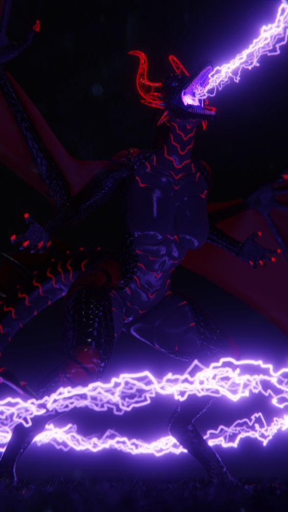An anthropomorphic female dragon emitting lightning from her mouth in the dark, with a ring of electricity near the ground surrounding her.