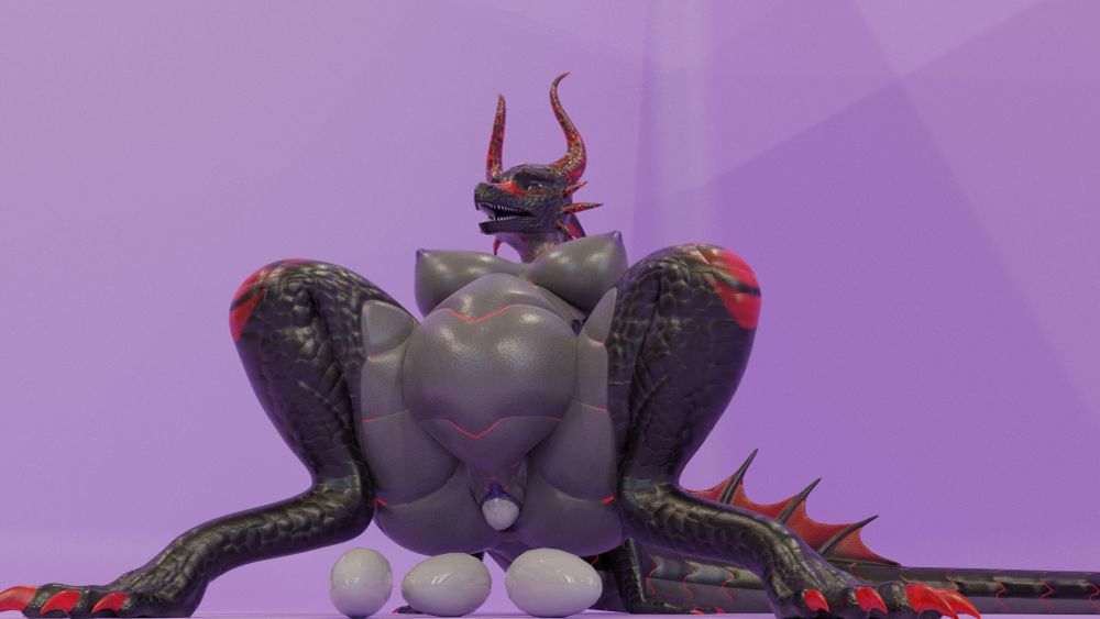 3D image of an anthropomorphic dragon laying eggs.