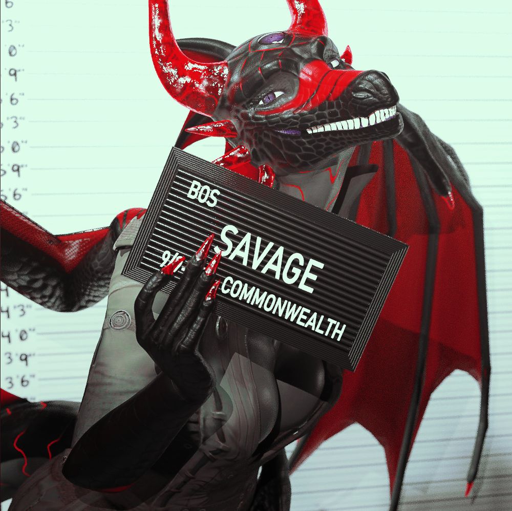 a 3d render of an anthropomorphic female dragon posing with with a name card, implying the character is going to jail.