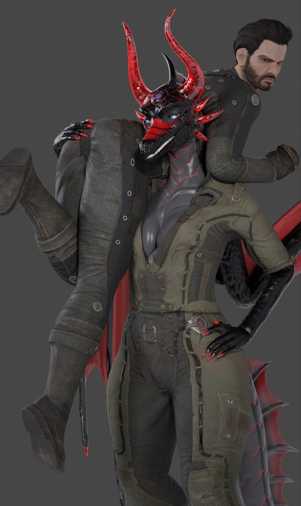 a 3D render featuring an anthropomorphic female dragon carrying the character paladin danse from bethesda's game fallout 4 on her shoulder.