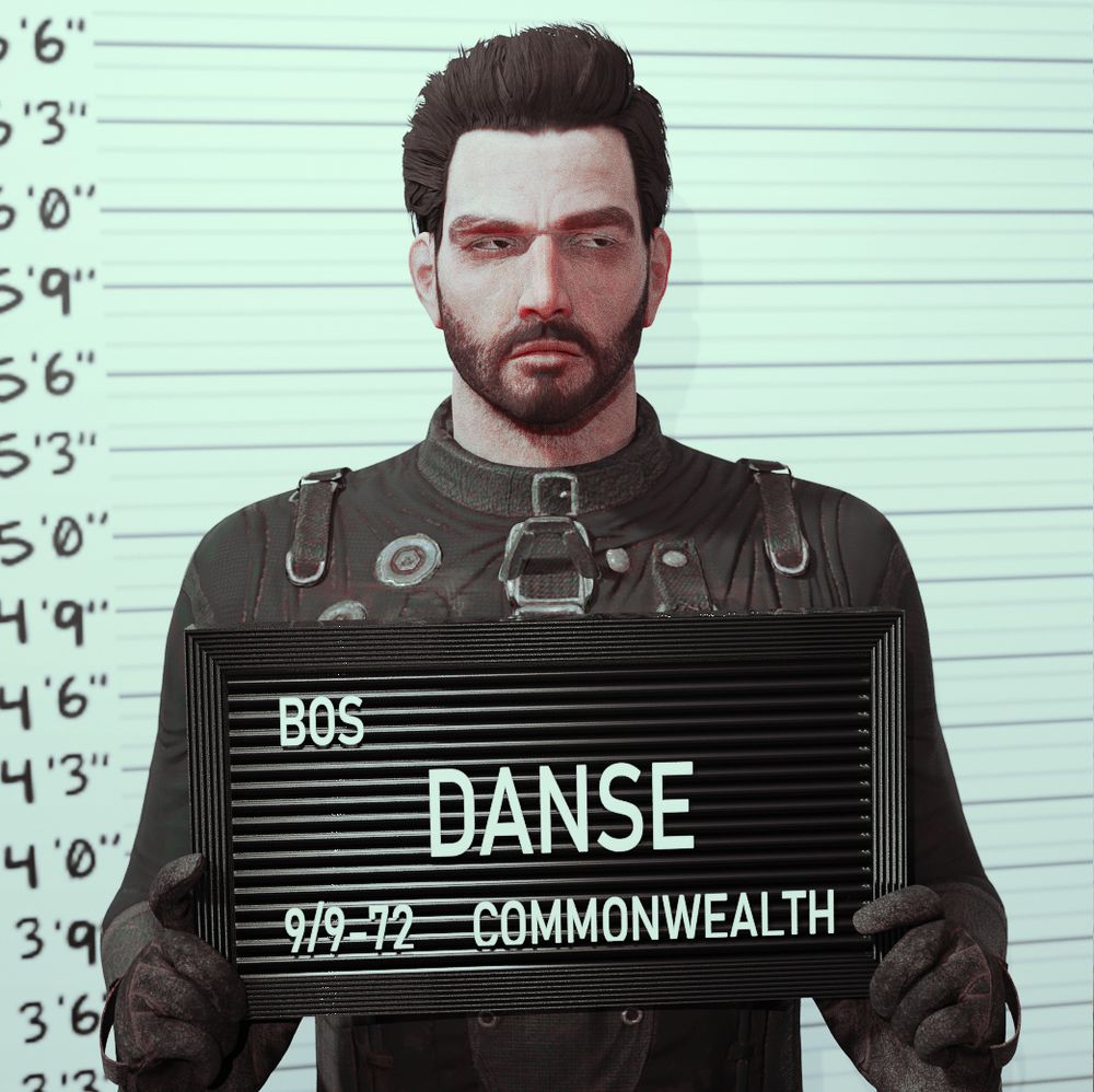 a 3d render of the character paladin danse from bethesda's game fallout 4 posing with with a name card, implying the character is going to jail.