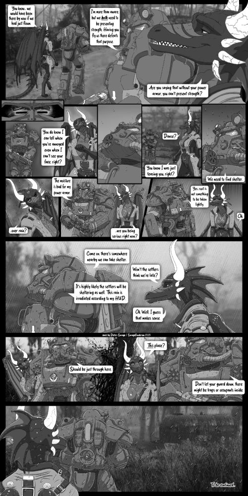 a black and white comic strip following the characters paladin danse and savage gunderson in their adventures in the commonwealth. takes place in the fallout universe.