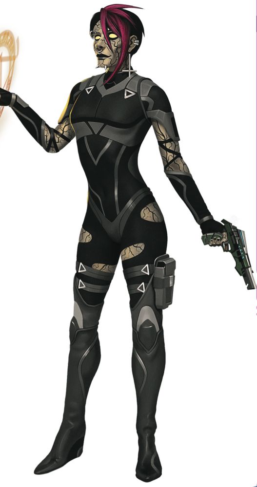 A dark clothed character with many tattoos and spikes.