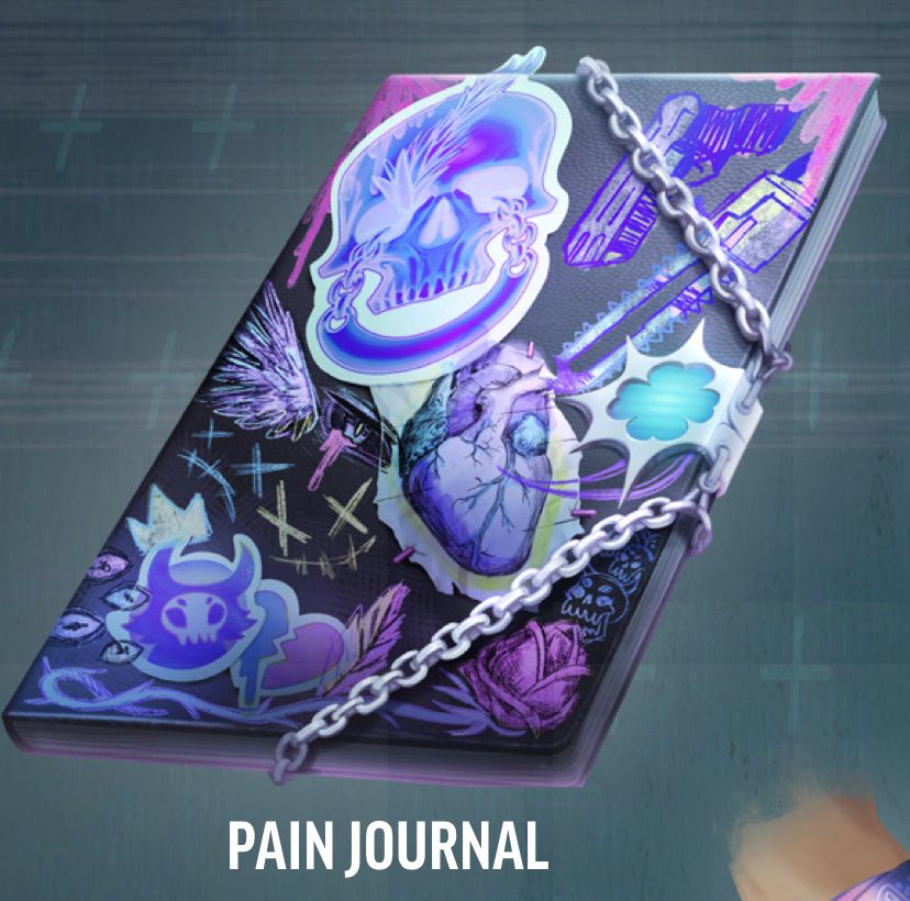 A picture of a black book with many blue and purple stickers on it. It is called a “Pain Journal”