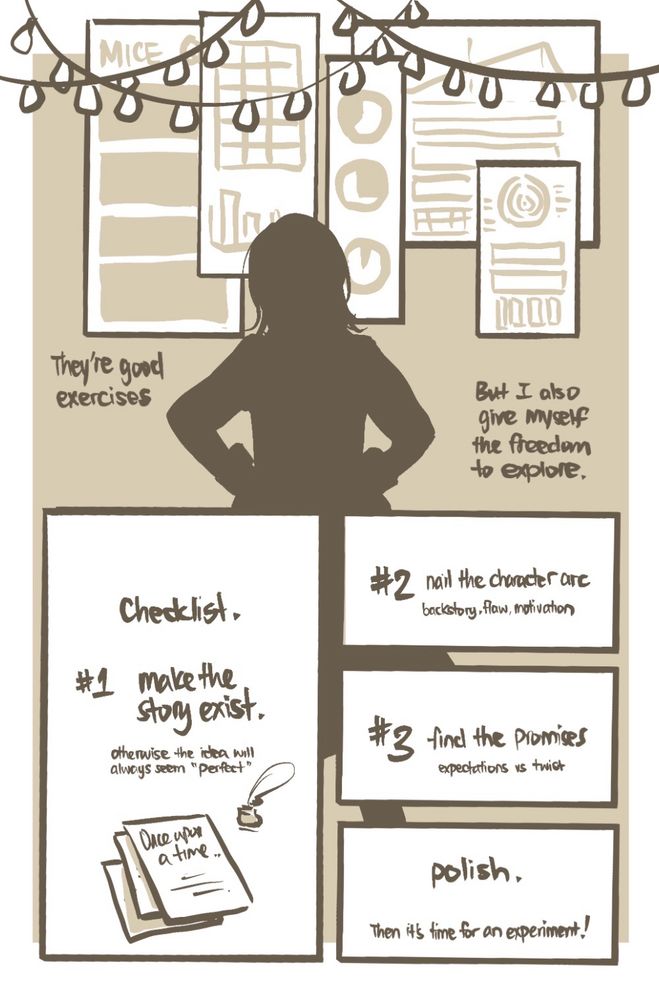 Me looking at a board of charts and thinking about how to make the story exists, characters be alive and fulfilling reader promises