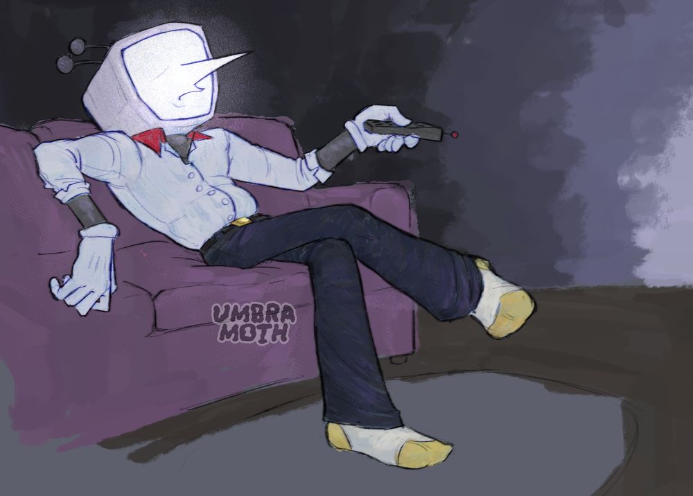 A digital sketch of Mr. Ant Tenna from Deltarune. He's a cartoon TV-head man wearing a partially unbuttoned white business shirt and shiny black pants. He's lazily sitting on a couch with his legs crossed and one elbow resting over the back of the couch as he flicks through the channels of an out-of-frame screen. He frowns, exhausted.