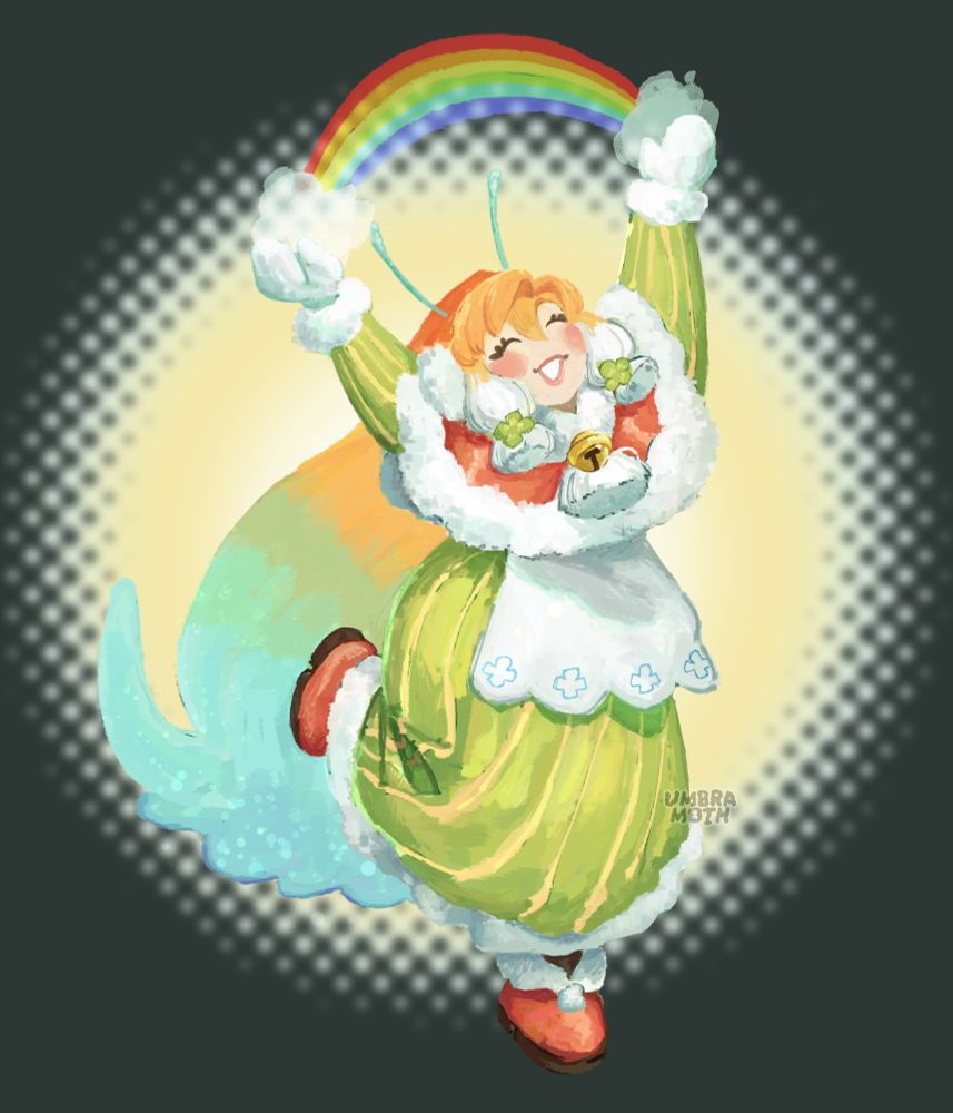 A digital painting of @kitsypark's OC, Phii. She's a chubby phoenix woman with long orange feathers that blend into turquoise. She's wearing poofy winter clothes with white fluffy trim and four-leafed clover motifs, including a green dress, an orange capelet with a bell, an apron, mittens, and ankle boots. She's smiling and standing on one foot with her hands raised above her head, a rainbow stretched between them.