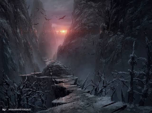 An image of a narrow, crooked pass between two gray mountains, no sign of life aside from a few bats flying in the distance.

At the end of the path and above the mountains, Innistrad’s sun shines bright over the horizon. 