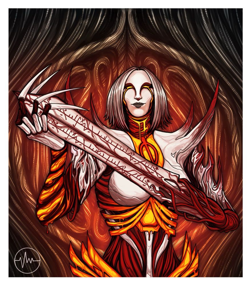 A Phyrexian Nahiri. Her body is made of a mix of porcelain and steel, the porcelain of her chestplate melting into the molten steel of her arms and chest. There is a molten hole in the center of her chest with a Phyrexian symbol down the middle. Her throat is dripping and she is crying tears of molten metal. 

The fingers on her right hand are sharp claws while her left arm ends in a sword. Phyrexian words are carved into it. Her joints and the lower half of her torso are made of sinew.

The background is full of black wires, and Nahiri’s body glows a bright red. 
