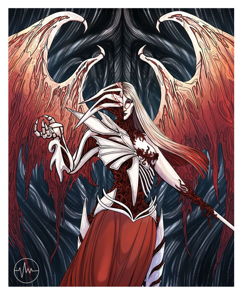 Art of compleated Archangel Avacyn where she is made of sinew and porcelain. The porcelain forms armor across her legs, arms, and the right side of her chest whilst the upper left half of her torso and head look more human. Her left arm ends in a spear and the right right of her face is exploding with porcelain shards. 