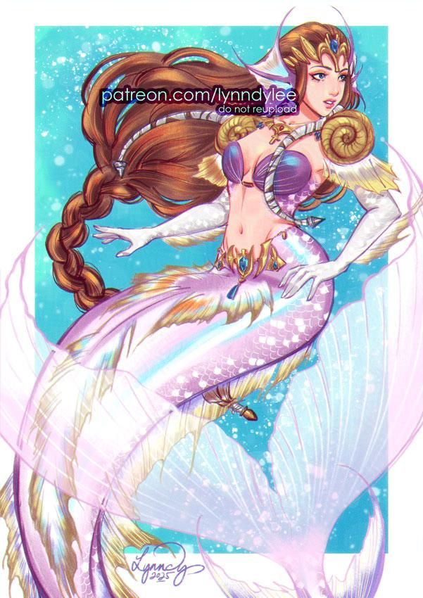 A digital fanart illustration of Princess Zelda from Legend of Zelda. She is drawn in her mermaid form based on her character design in Hyrule Warriors. And she looks real pretty ✌
