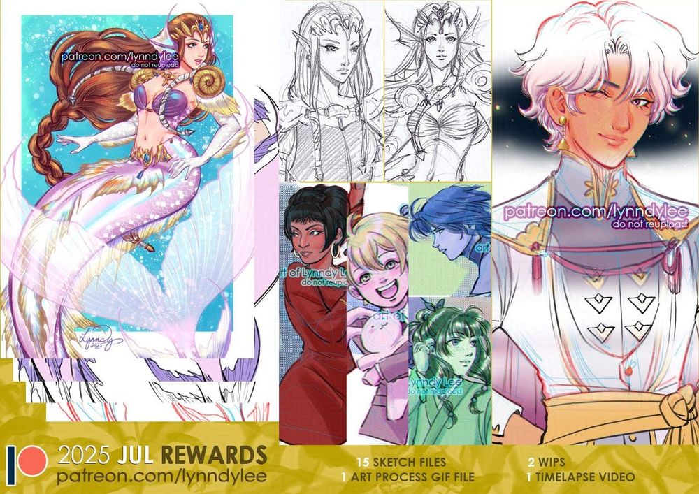 A summary of patreon rewards for July consists of a illustrations of fanart of Princess Zelda as a mermaid from Legend of Zelda, Captain Uhura from Star Trek, Honey Senpai from Ouran High School Host Club, Aqua from Kingdom Hearts, Mao Mao from Apothecary Diaries and Eiland from Fields of Mistria.
A couple of pencil sketches, illustrations with work in progress.
July's pack has 15 sketch files, 1 timelapse video, 1 art process gif file and 2 WIPs.