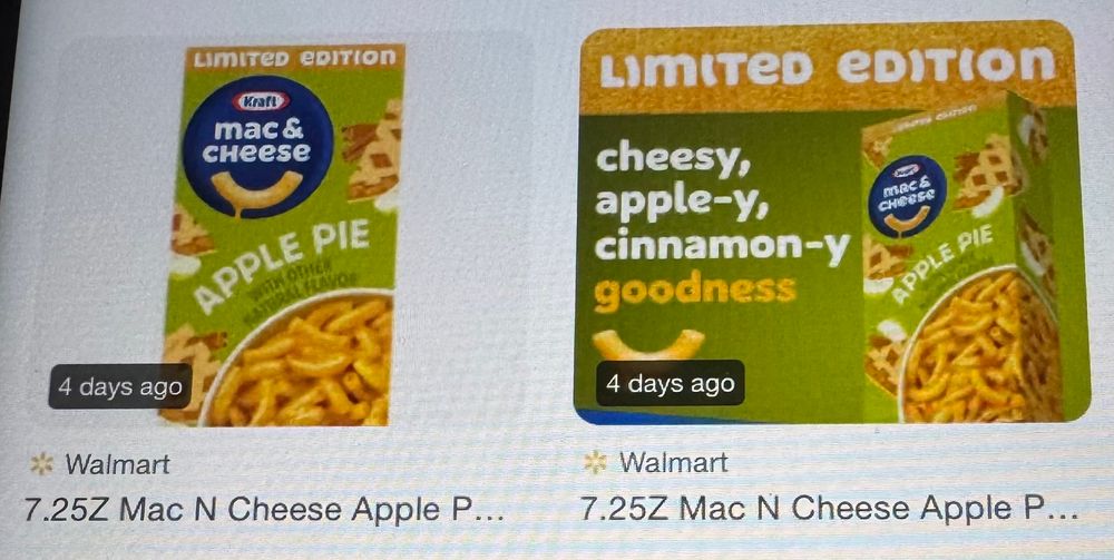 Two pictures of boxed Apple Pie Mac and cheese at Walmart.