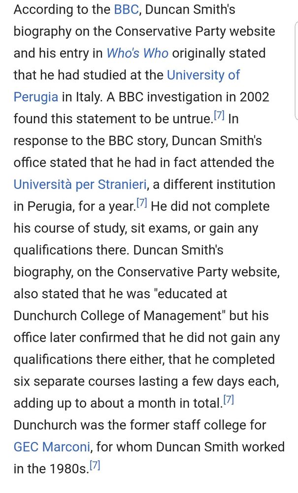 Photo is a snapshot of a list of falsehoods on Iain Duncan Smith’s CV. He falsely claimed successfully studying for courses. 