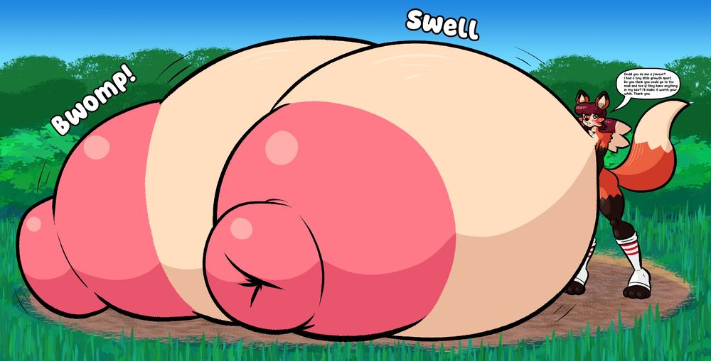 Jenny , a fox girl, with a pair of massive, hyper sized breasts in an open field.