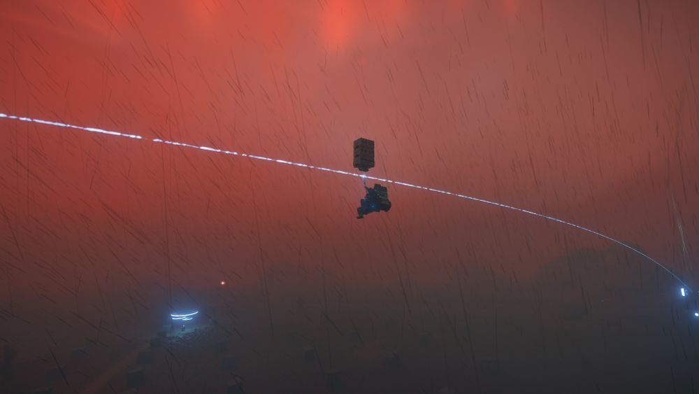 death stranding 2 screenshot of sam on a zip-line in the pouring rain against a blood red sky