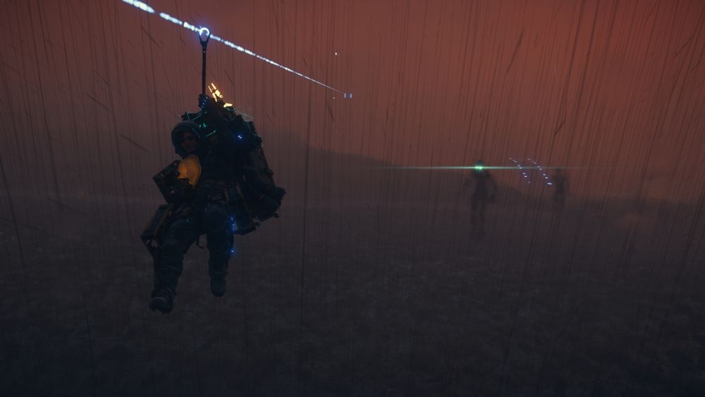 death stranding 2 screenshot of sam on a zip-line in the pouring rain against a blood red sky but now there's a ghostly apparition behind him with its eyes glowing in terrible recognition