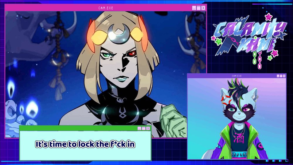 A split-screen digital art scene with Melinoe on the left and Calamity, a blue and purple tanuki character, on the right, with text reading, "It's time to lock the f*ck in.