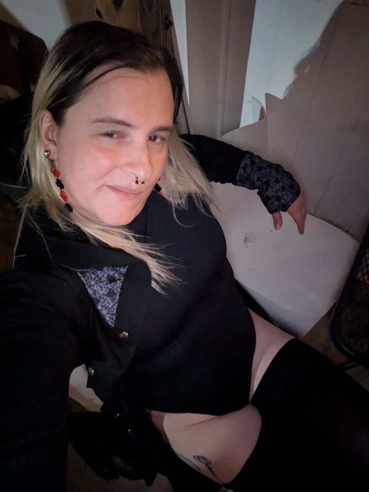 Me in an long black coat and a black body suit and black thigh highs.