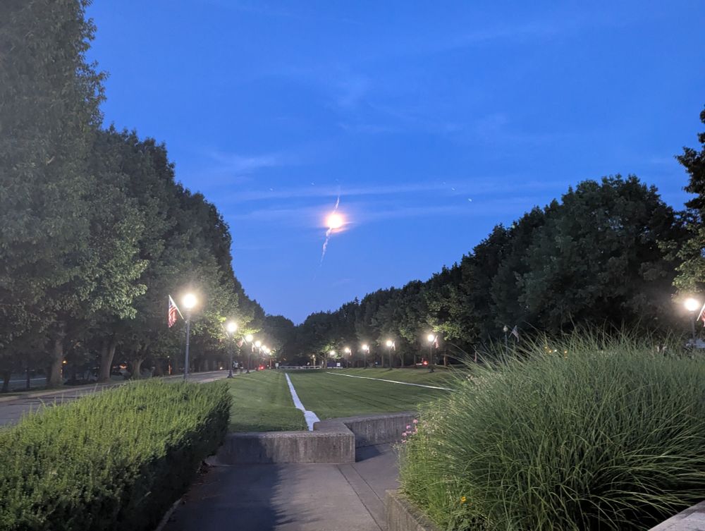 A row of lamp posts on either side of a finely manicured lawn, trees on either side with the moon above in the center of the clearing.