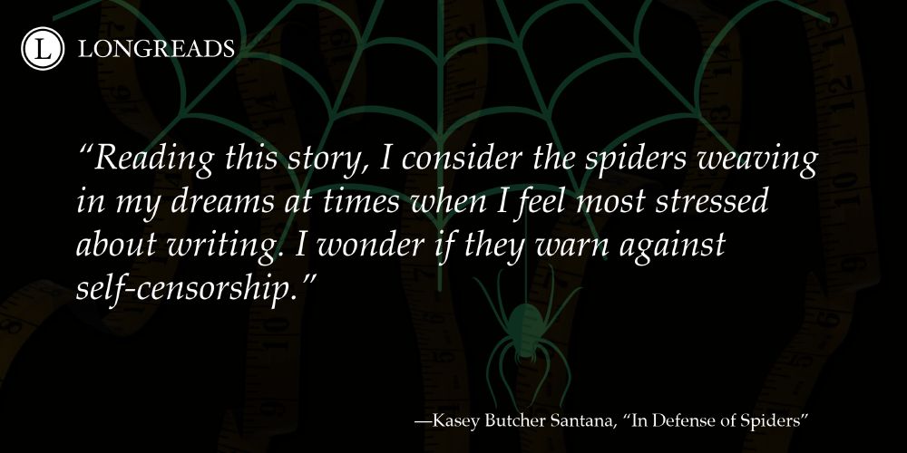 Quote: "Reading this story, I consider the spiders weaving in my dreams at times when I feel most stressed about writing. I wonder if they warn against self-censorship."
Tagline: —Kasey Butcher Santana, "In Defense of Spiders"
A logo in the top right reads “Longreads”