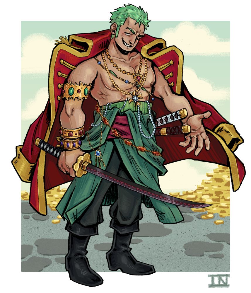 A digital illustration of Zoro. He's wearing his post time skip outfit with the sleeves hanging down his waist but over his shoulders is a large red coat with gold trimmings. He is holding shusui while his other two swords are still sheathed. He is decked out in gold, pearls, and jewels. he stands on cobblestones with piles of gold behind him.