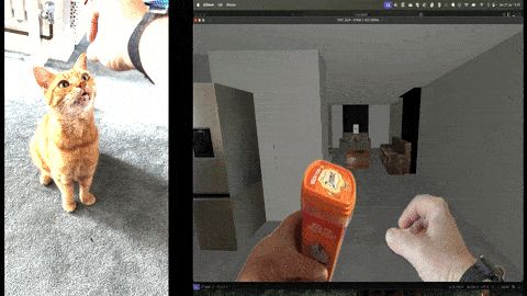 A gif of a cat being given treats and the video game version of the cat